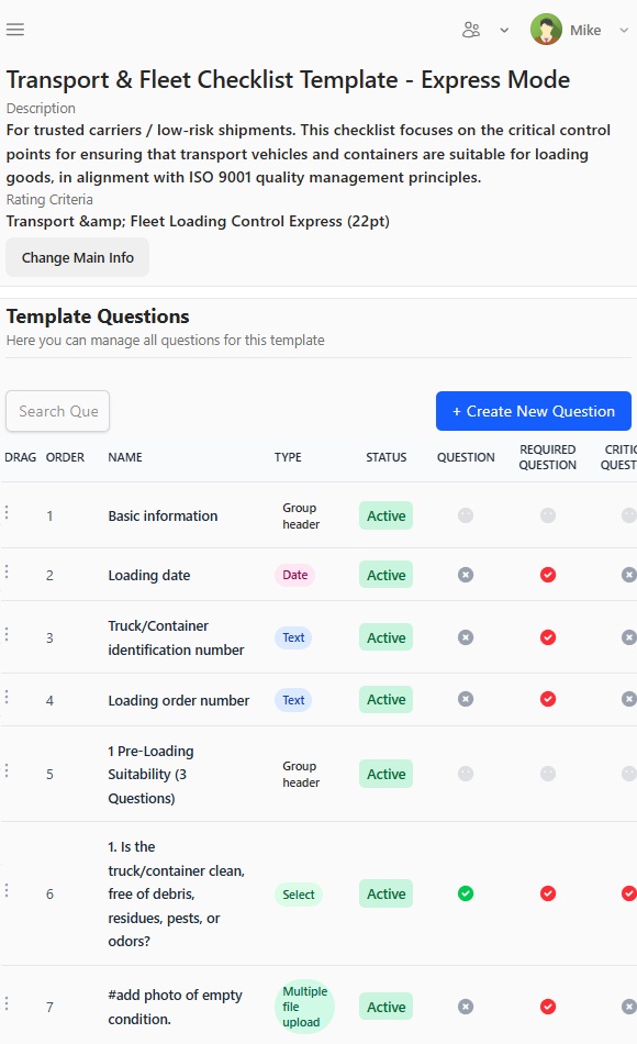 Template management screen