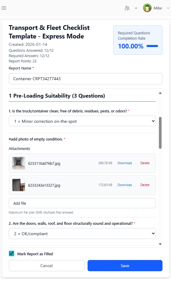 Report filling screen