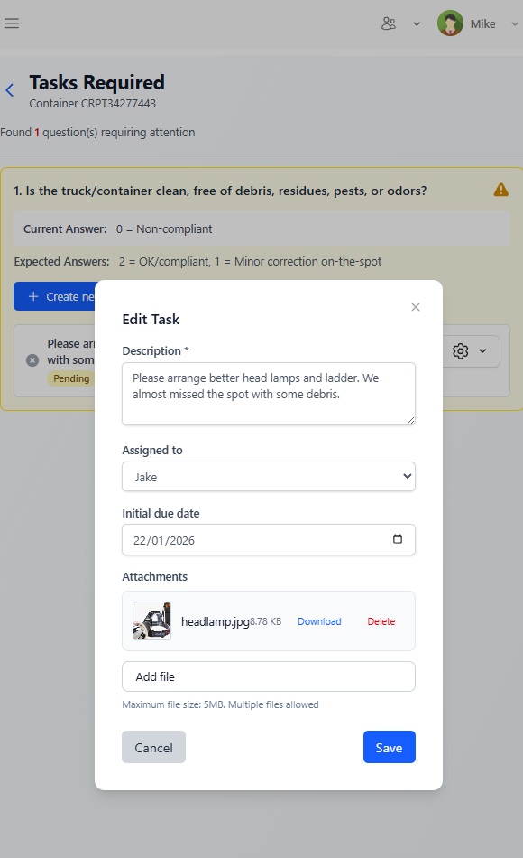 Deviation tasks screen